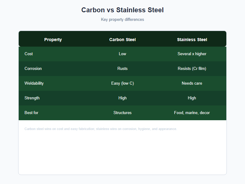Carbon steel vs stainless steel comparison chart