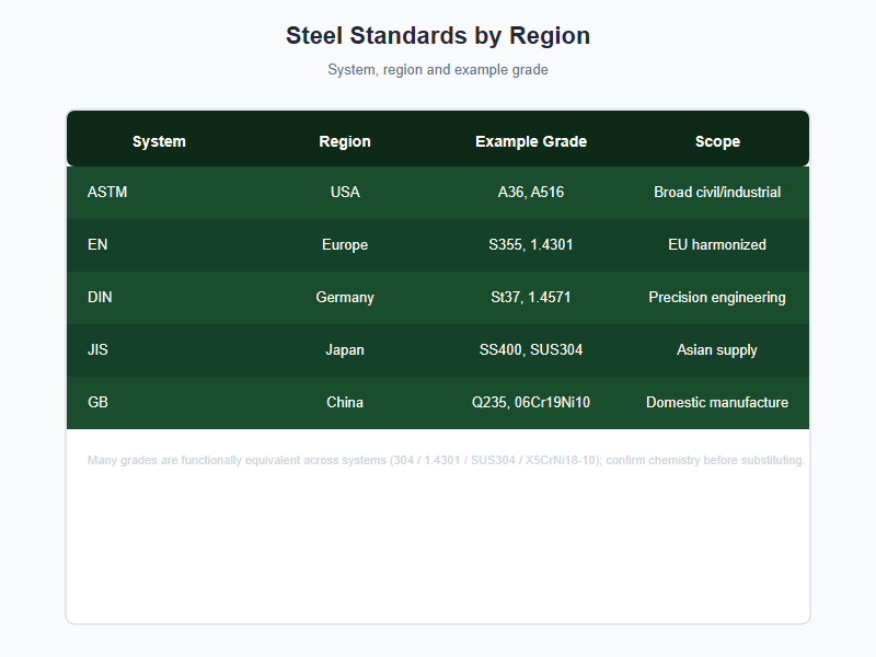 Steel standards by region chart