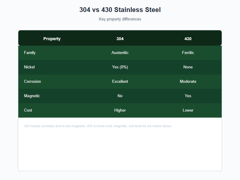 304 vs 430 stainless steel comparison chart