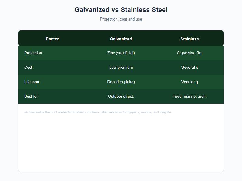 Galvanized vs stainless steel comparison chart
