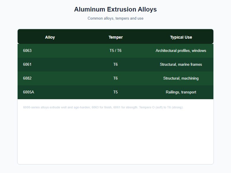Aluminum extrusion alloys chart