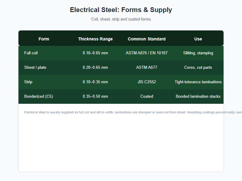 electrical steel coil sheet forms chart