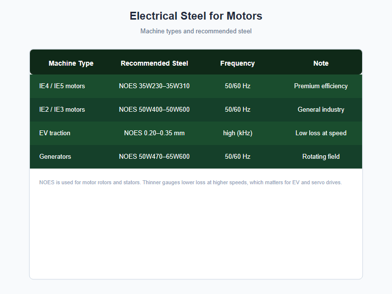 electrical steel motor grades chart
