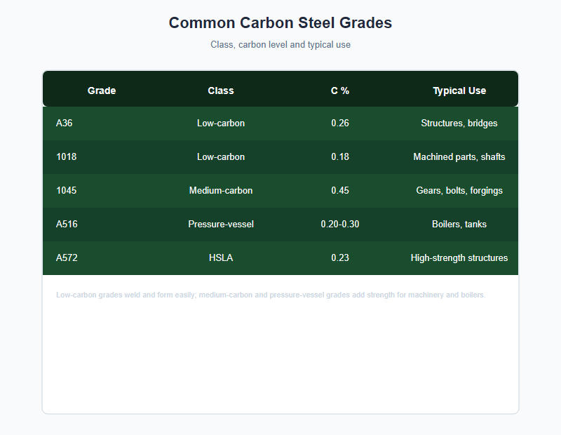 Common carbon steel grades comparison chart