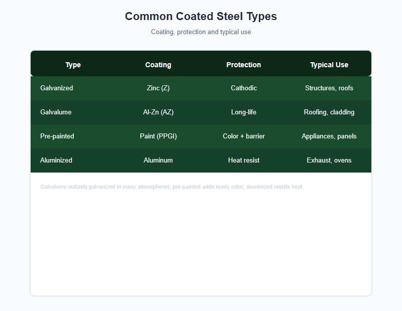 Common coated steel types chart