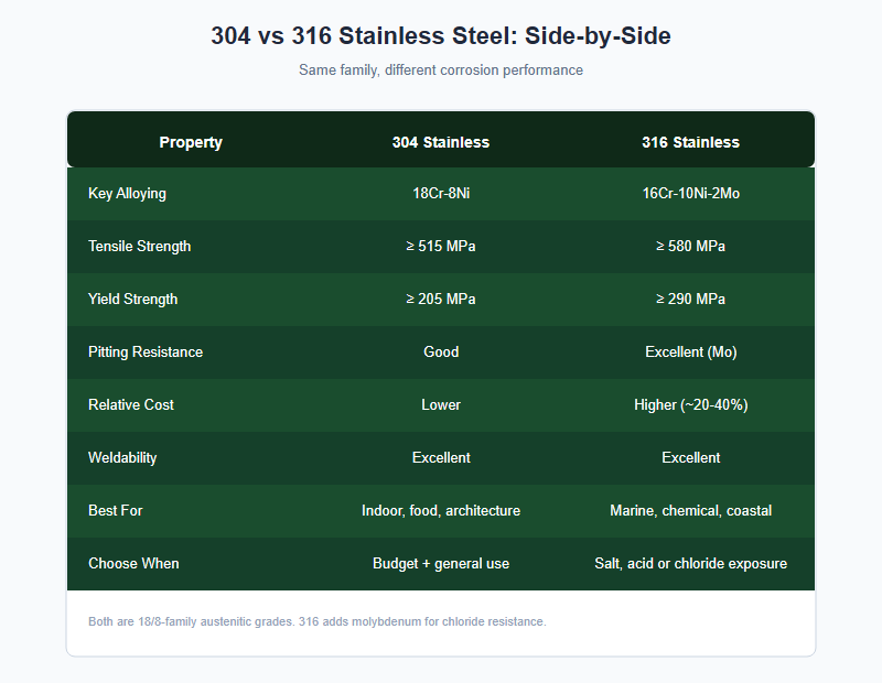 304 vs 316 stainless steel properties comparison chart