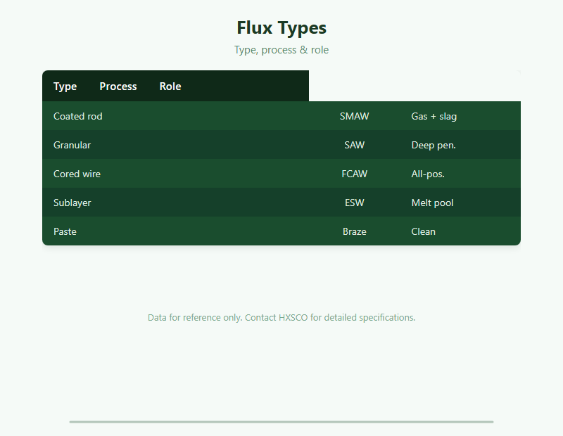Welding Flux Guide: SMAW, SAW & FCAW Flux Types Compared chart
