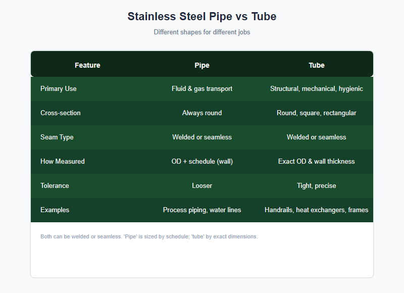 stainless steel pipe vs tube comparison chart