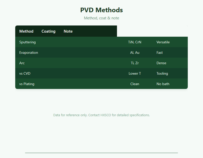 PVD Coating Guide: Sputtering, Evaporation & Hard Coating chart