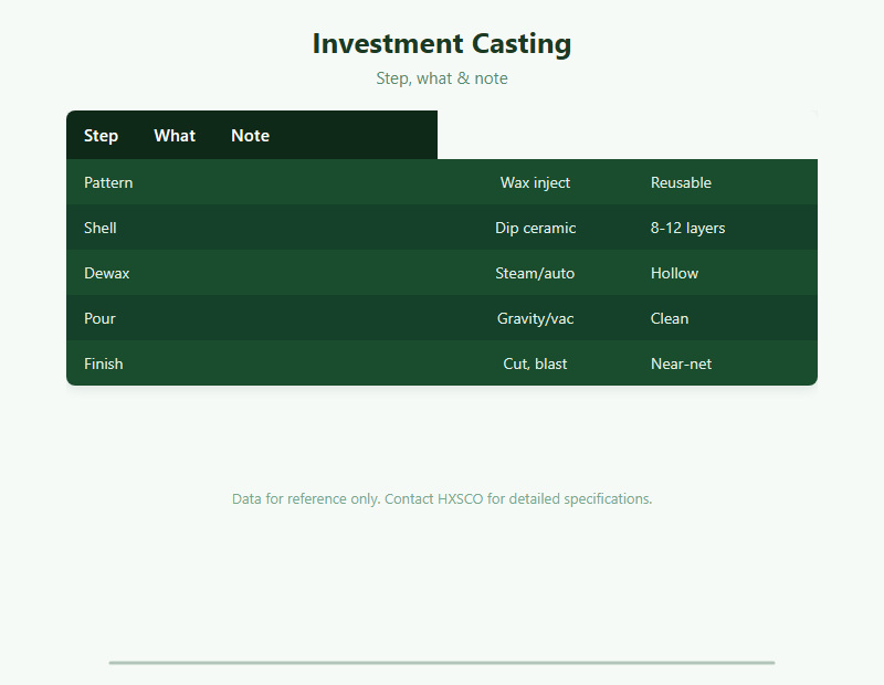 Investment Casting Guide: Lost-Wax Process, Tolerances & Alloys chart