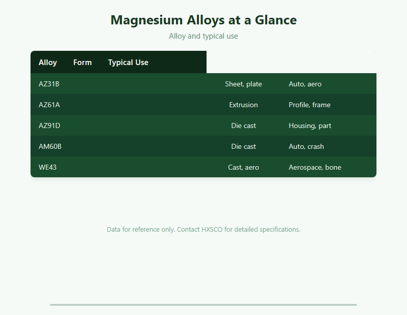 Magnesium Buyers Guide: AZ31B, AZ91D and Alloy Forms chart