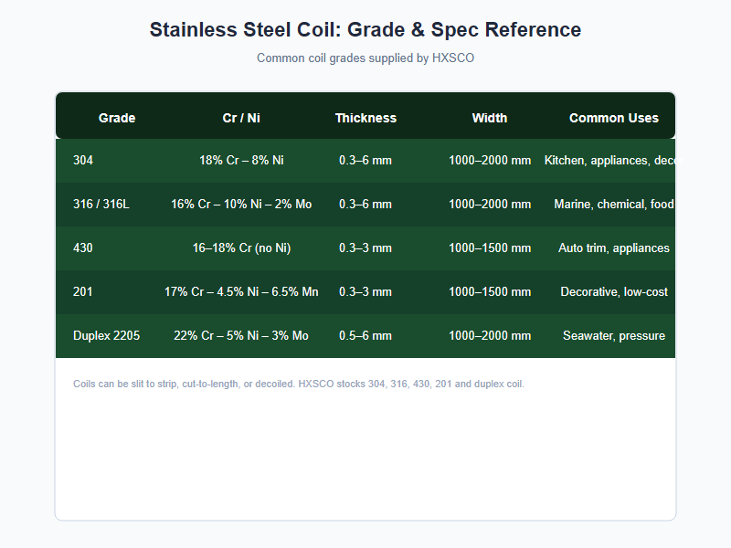 stainless steel coil grade and spec reference chart