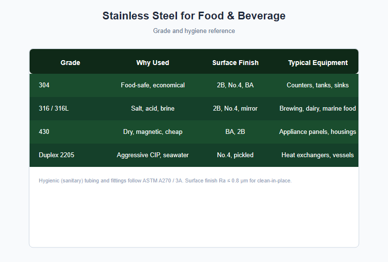 stainless steel grades and finishes for food and beverage equipment