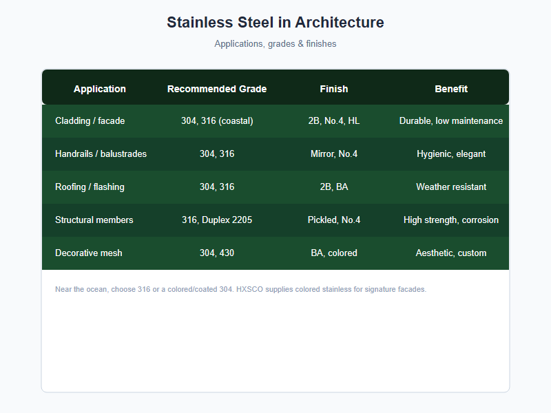 stainless steel architectural applications chart