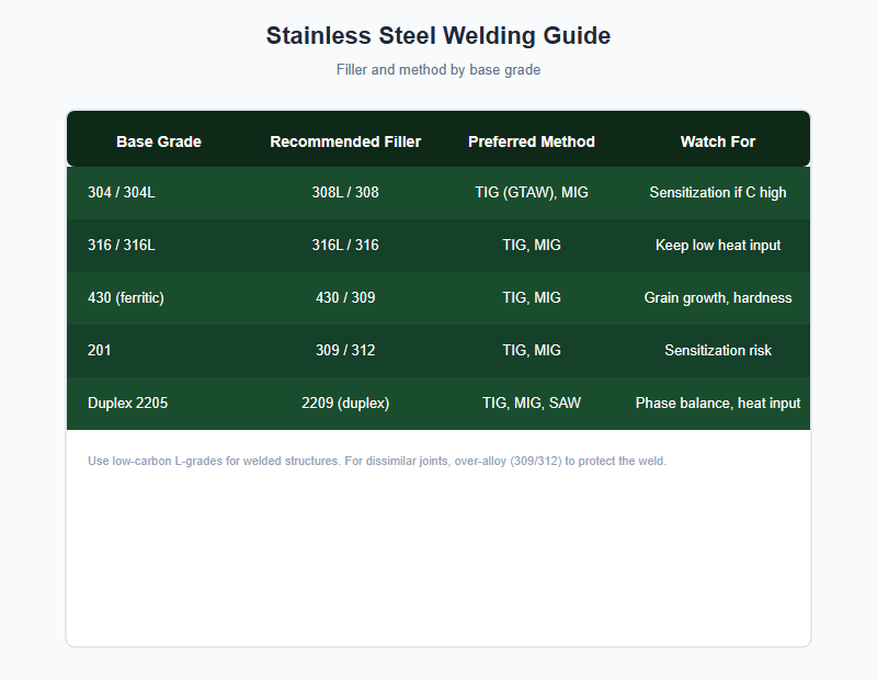 stainless steel welding guide filler and method chart