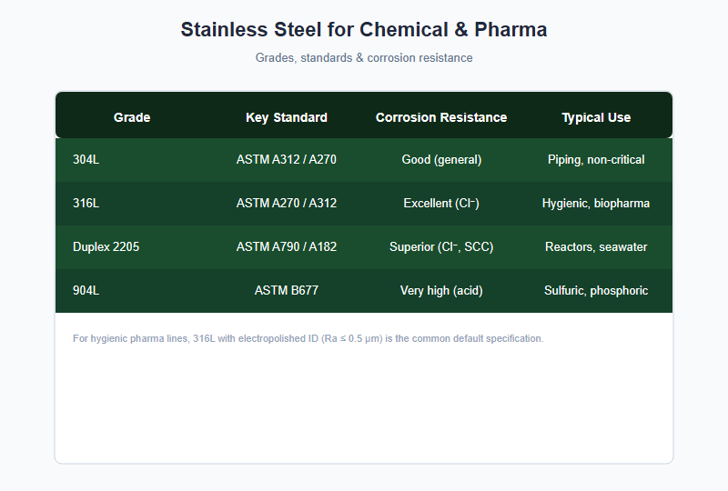 stainless steel grades for chemical and pharmaceutical plants